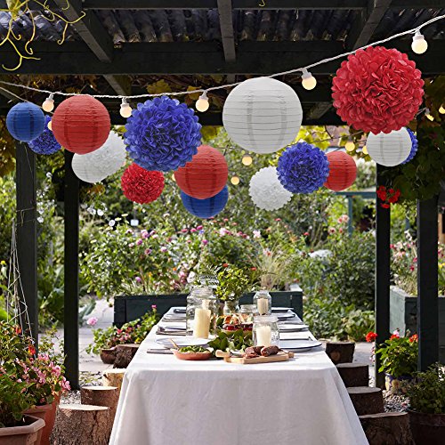 Image of KAXIXI 15-Piece 4th of July Decorations, Pom Poms & Paper Lanterns