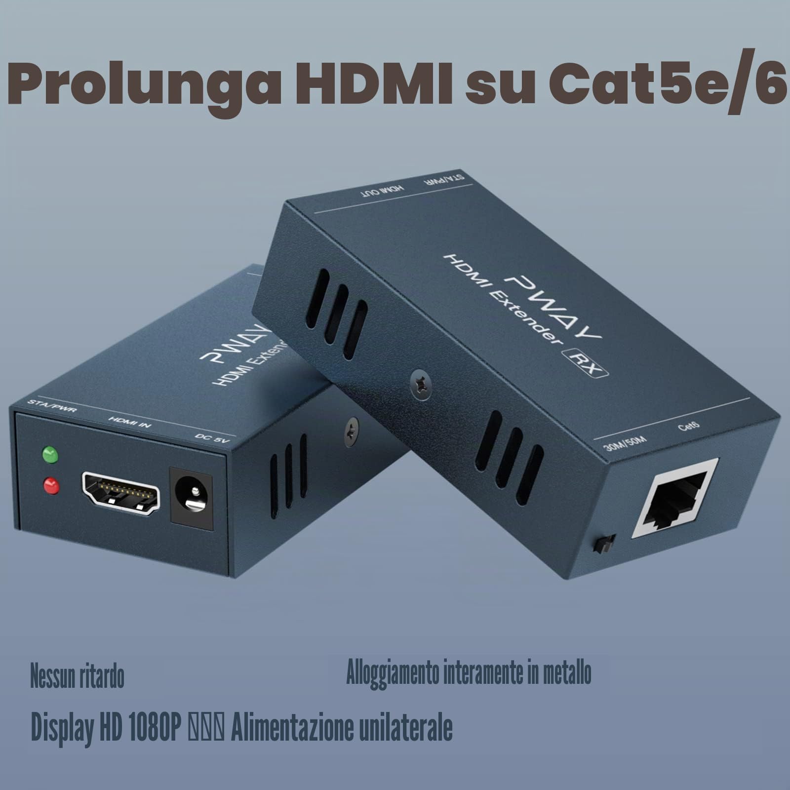 PW-HT202PG HDMI Extender 165ft/50 metri, cavo Cat5e/Cat6, Full HD 1080P, controllo dei dati, trasmissione di alimentazione..
