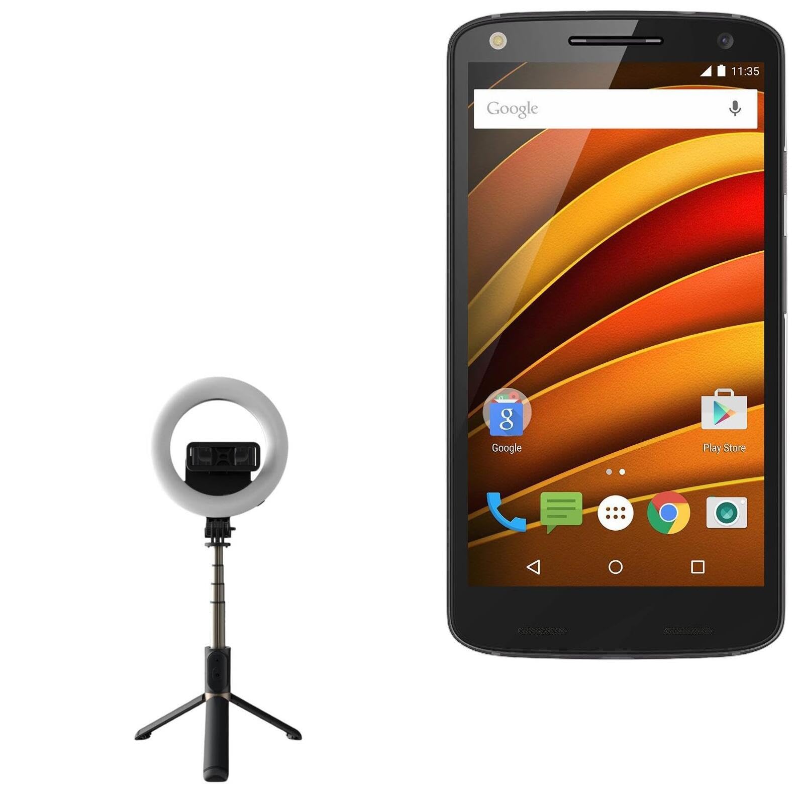 BoxWave Stand and Mount Compatible with Motorola Moto X Force - RingLight SelfiePod, Selfie Stick Extendable Arm with Ring Light - Jet Black