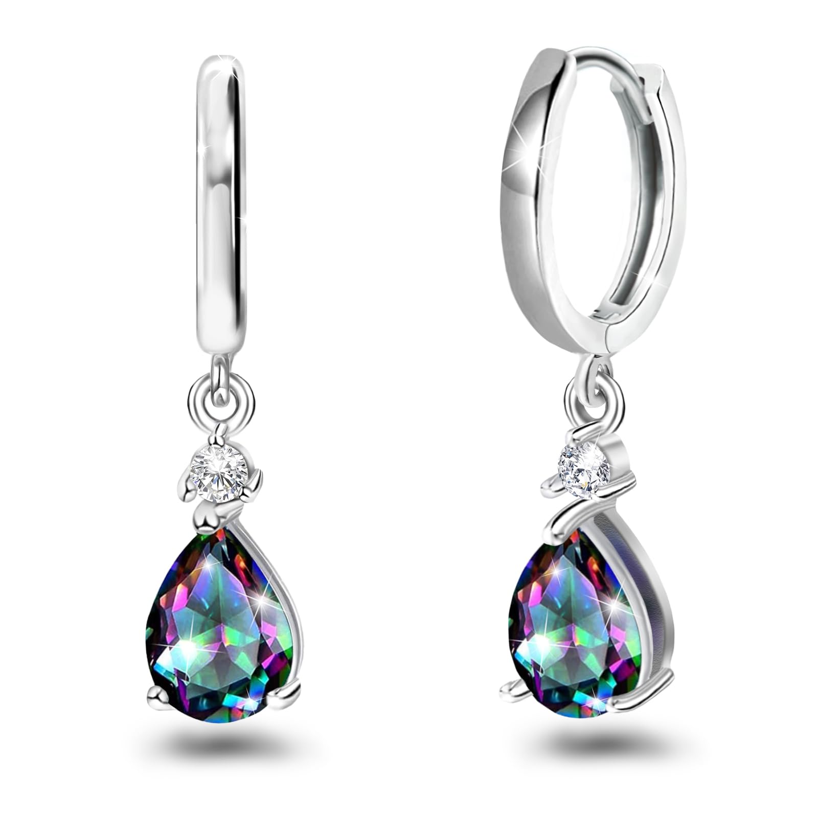 Hoop Earrings with Dangle Charm for Women Sterling Silver Small Mystic Rainbow Topaz Earrings CZ Quartz Teardrop Dangle Multicolor Pear Drop Huggie