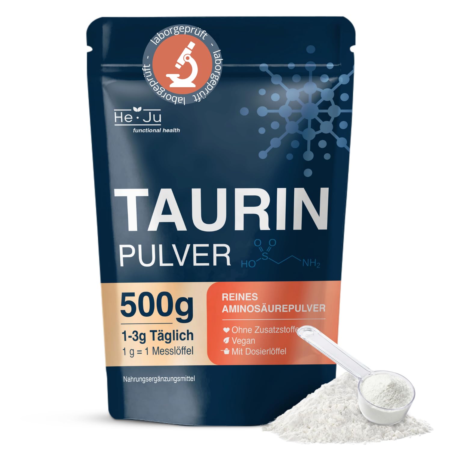 He-Ju Taurin Pulver 500 g, 100% Reines L-Taurin Hochdosiert, Pure Aminosäure Vegan ohne Zusatzstoffe, Taurine Pulverform mit 1g Dosierlöffel, Laborgeprüft, Made in Germany, Sozial Produziert