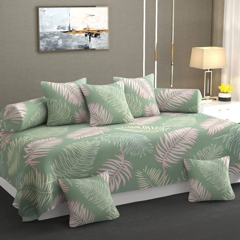 diwan Set for Living Room, diwan Set Covers Glace Cotton, diwan Set 8 Pieces (1 Single Bedsheet, 5 Cushion Covers, 2 Bolster Covers) (Color-Green & Grey), Standard