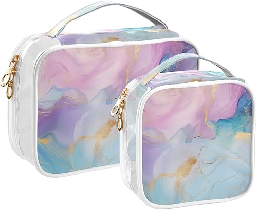 Watercolor Blue Pink Purple Marble Clear Toiletry Bag for Traveling,2 Pack Makeup Cosmetic Bag with Zipper,Travel Bag for Toiletries,Travel