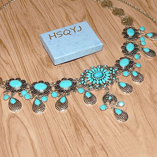 Vintage Flower Turquoise Chain Belts Silver Pear coin Pendant Metal Waist Belt Western Body Jewelry for for Women Dress Vest Jeans for Waistline 25-45inch (Silver Plated) 7