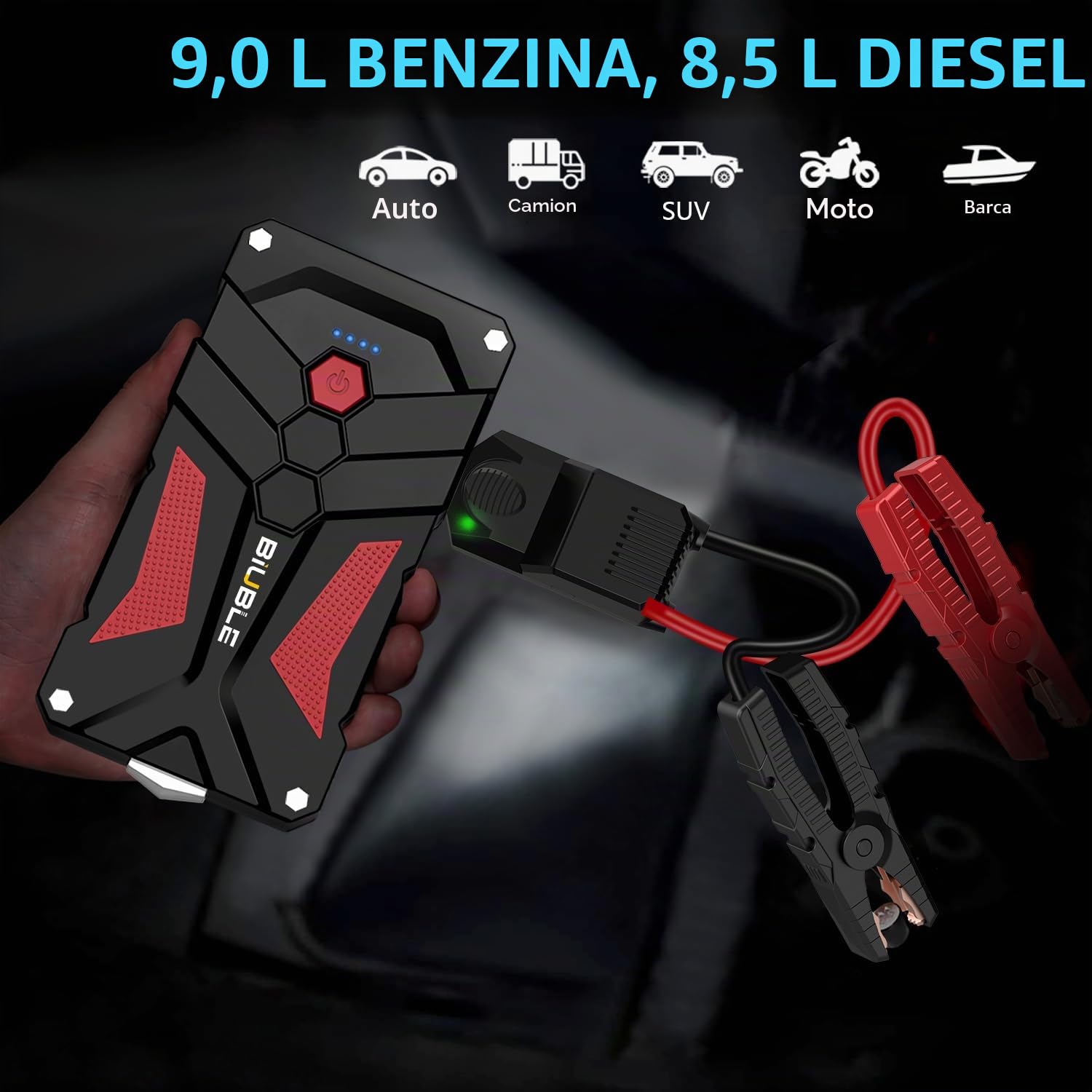 Avviatore di Emergenza per Auto 5000 A, Booster per Batteria Auto, Avviatore di Emergenza 12V, Pacco di Potenza Portatile (fino a 9.0L di Benzina o 8.5L di Motore Diesel), Power Bank per Auto