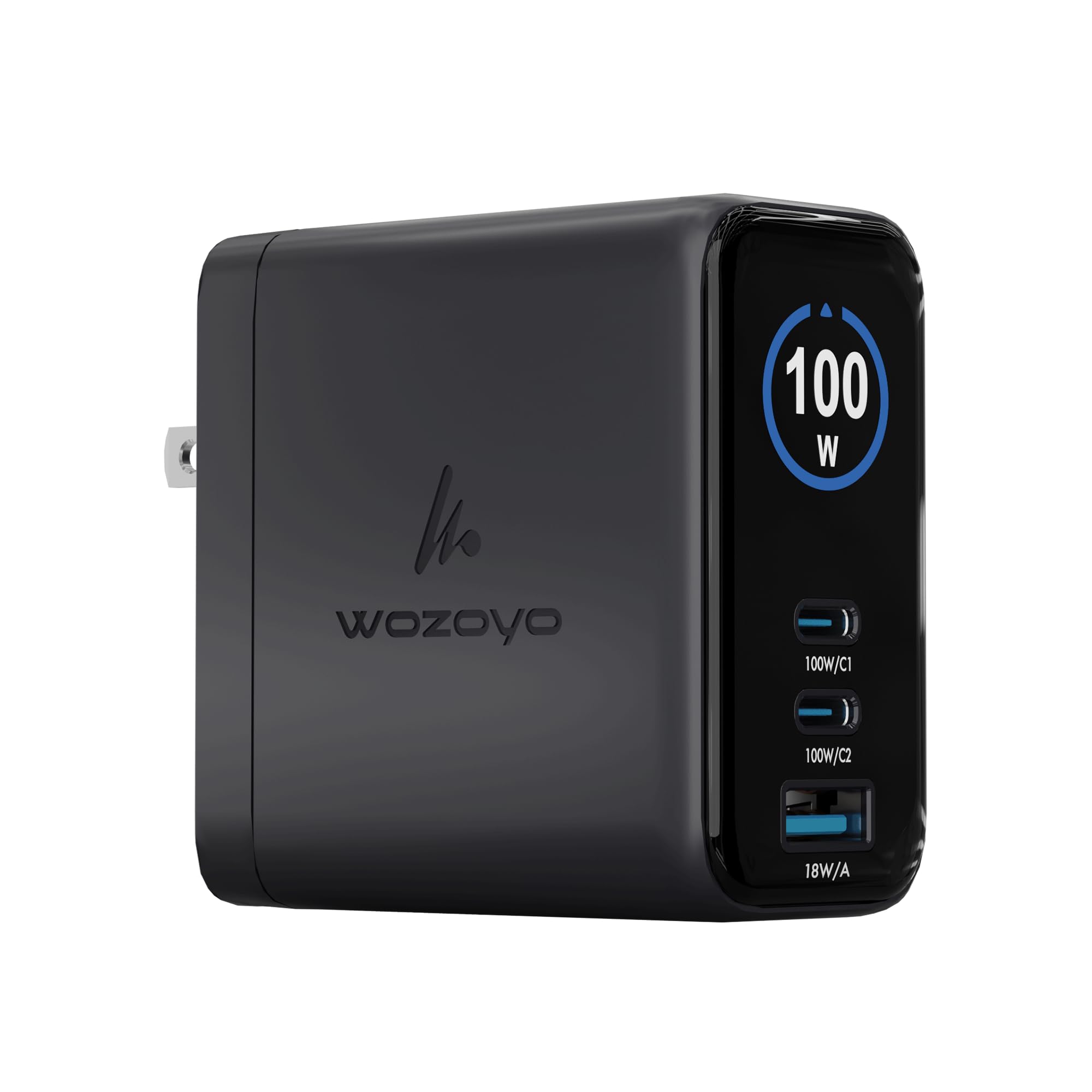 Wozoyo 100W Smart LED Wozoyo GaN Charger, 2XType-C & USB-A Superfast 2.0 Charging, Compatible for iPhone 17/16/16 Pro Max/15 Series/iPad Pro, Smartphones, Tablets, PD/PPS/QC 3.0,Compact Foldable Plug