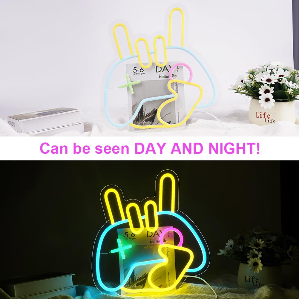 HOTUT Panneau Neon, Néon LED Lampe Enseignes Lumineuses Gamepad Neon, Néons combinant gestes et manettes de jeu, Lumineuse Neon Alimentée par USB Décoration Murale pour Salle de Jeu, Chambre,Bar