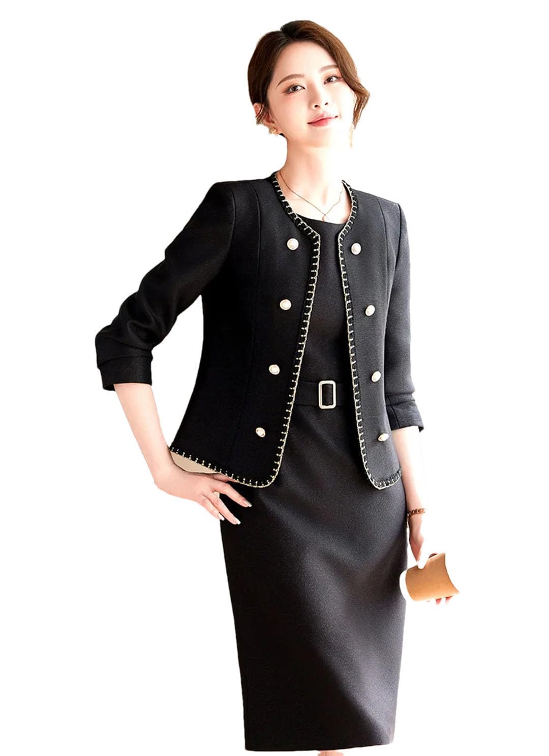 Ensemble deux pièces pour femme - Blazers à manches longues - Manteau court et robe longueur genou
