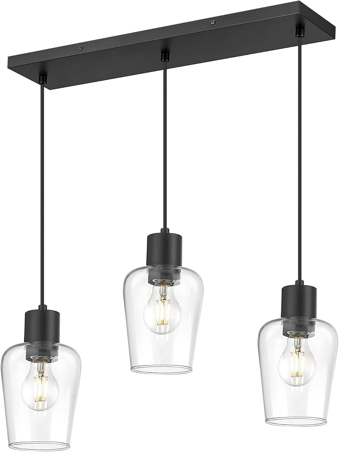 LMS 3-Light Kitchen Island Lighting, Moder Black Linear Dining Room Chandeliers Over Table with Clear Glass, Farmhouse Hanging Light Fixtures for Kitchen Island Dining Room, LMS-123SPL-BK3 Black Clear Glass 3-Light