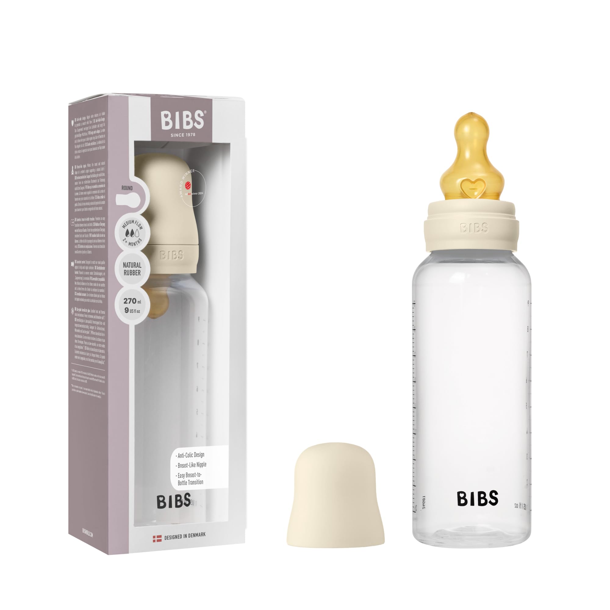 BIBS Baby Bottle 9 oz / 270 ml Natural Rubber Latex Nipple - Anti-Colic, BPA-Free, Round Nipple, Medium Flow, Lightweight & Easy to Clean, Suitable for Newborns 0+ Years - Ivory