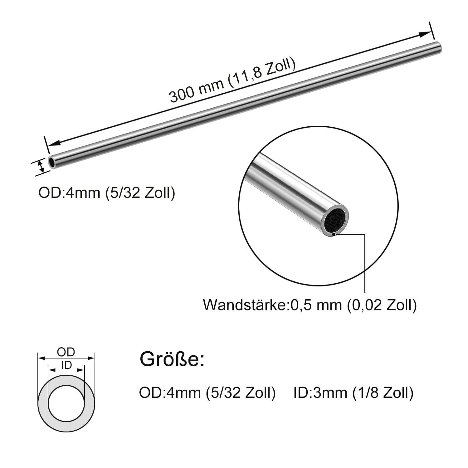 Tubo in Acciaio Inox Ø4mm (5/32") V2A Lunghezza 300mm 6 Pezzi