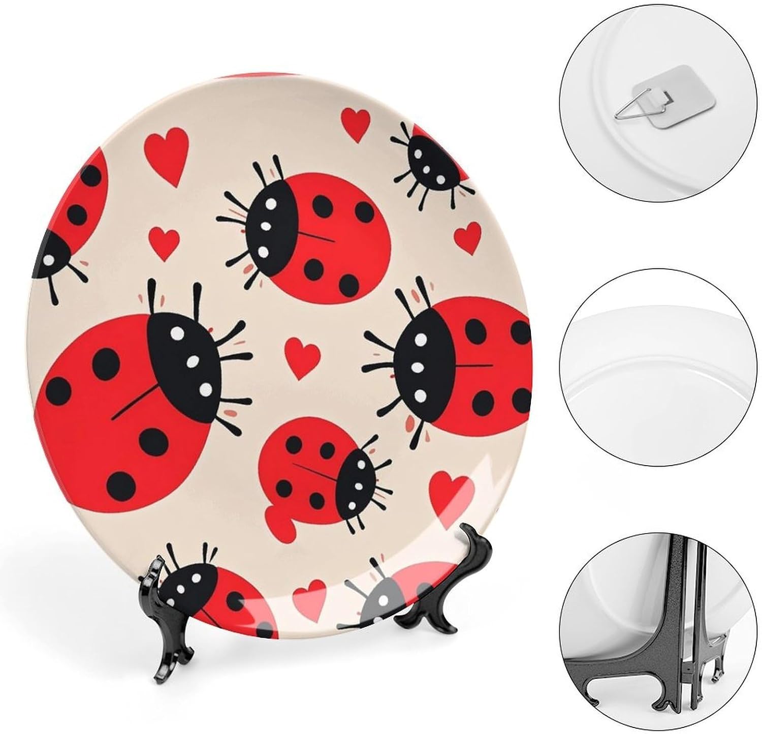Ladybug Ceramic Decorative Plate for Home, Bone China Plates | Chinese Style Decorative Dish with Stand, Dinner Plates Art Crafts for Wall Decor, Collections Plate with Hook 8inch
