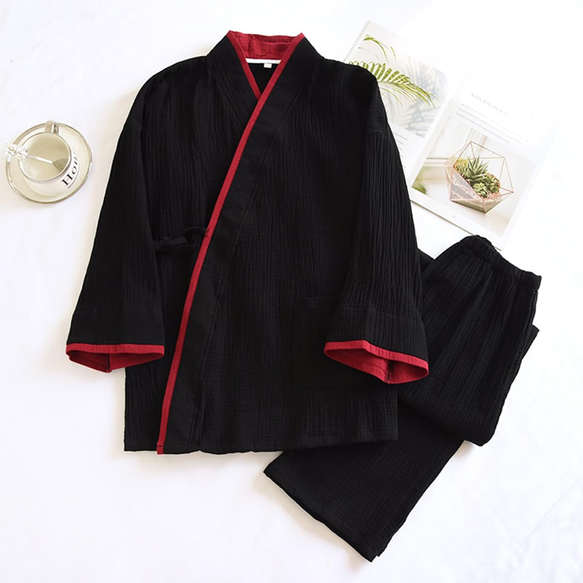 CAMDOM Traje de Bano de Algodon de Dos Piezas de Estilo Japones para Hombre Conjunto de Pijama Tipo Kimono para Parejas