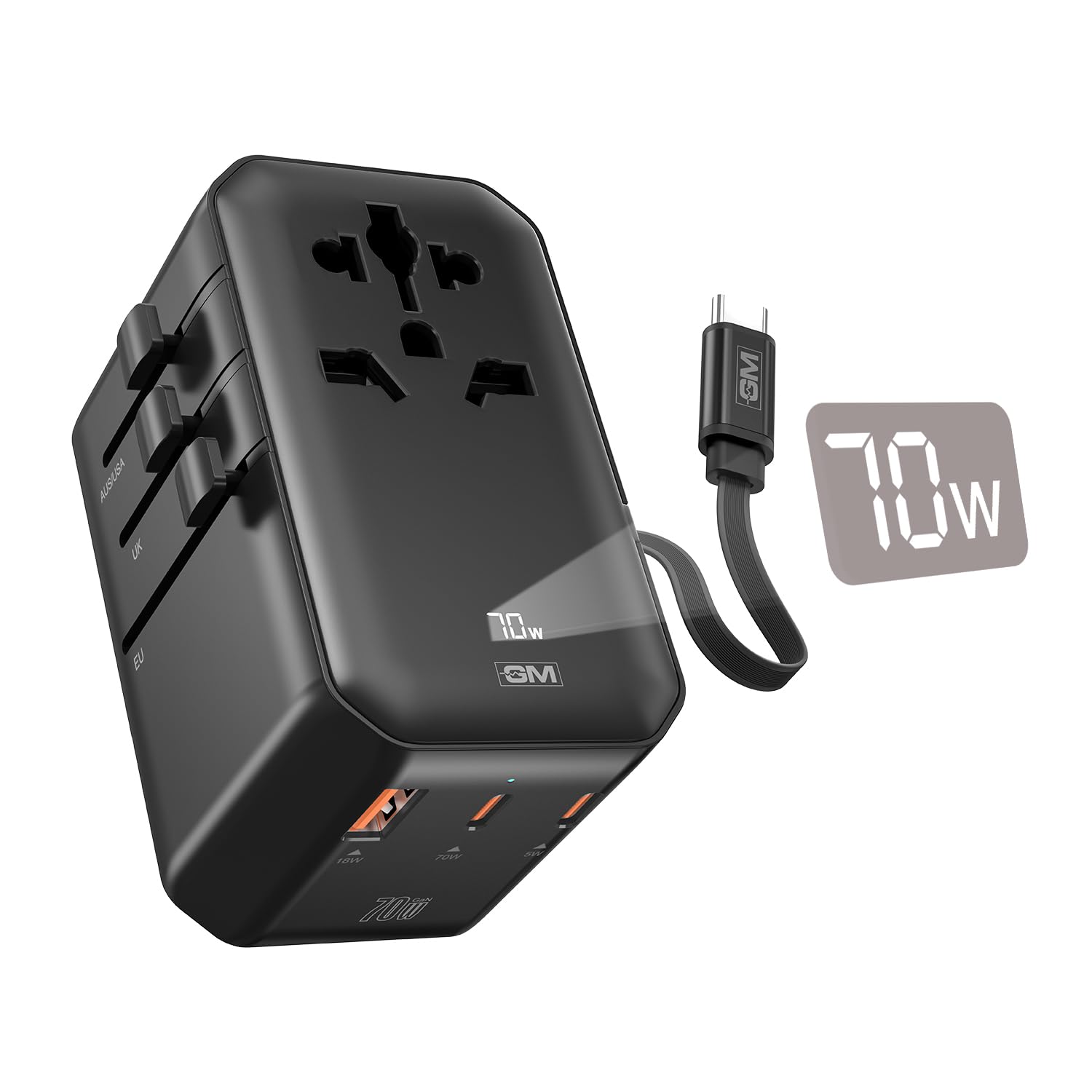 GM G+ 70W TravelEase Pro with Display & Retractable Cable | 2× Type-C + 1× Type-A | 5-in-1 Universal Travel Adapter for 150+ Countries, Shows the Charging Wattage Based on Your Device’s Power Usage.-image-11