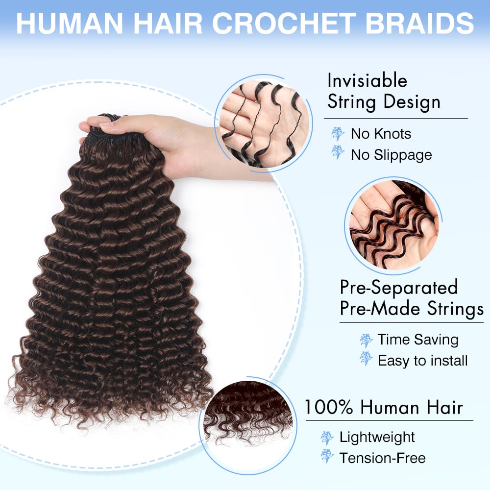 Renyarch Hair Crochet Human Hair Bundles for Black Women 16 Pollici Deep Wave Hair Crochet Hair 125g 100c Brown Water Wave Wet and Wavy Invisible Knotless Curly Extensions