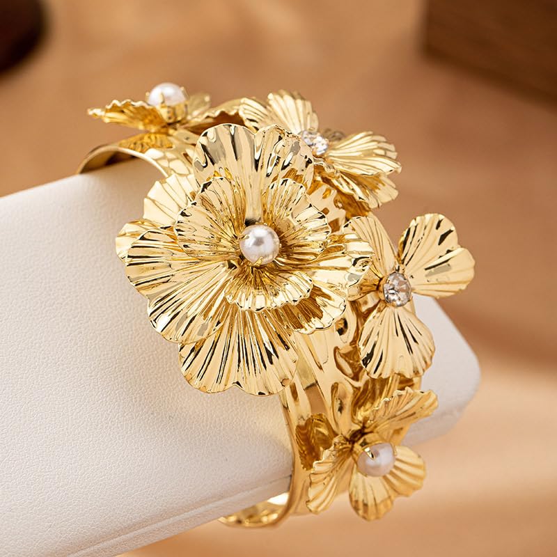 Chunky Gold Cuff Bracelets for Women Vintage Pearl Crystal Flower Bracelet Bohemian Style Open Bangle Chunky Flower Statement Wide Bracelet Birthday Party Wedding Jewelry4