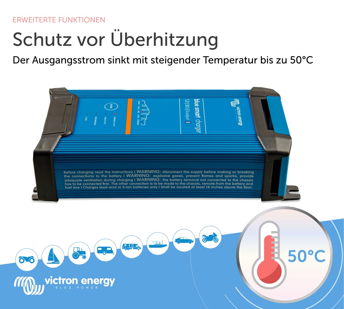 Victron Energy Blue Smart Batterie Ladegerät 12-Volt 30 Ampere 230V - Autobatterie Ladegerät - Batterieerhaltungsgerät und Desulfator - IP22 Geschützt - Bluetooth - 3 Ausgänge - CEE 7/7