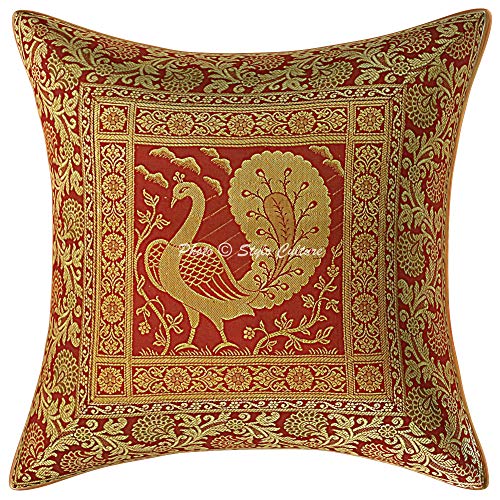 Image of Decorative Brocade Cushion Covers 16x16 Inch Banarasi Jacquard Weave Maroon & Gold Drawing Room Decor Peacock Boho Square 40x40 cm Zippered Sofa Settee Pillowcases -Set of 2 Pcs