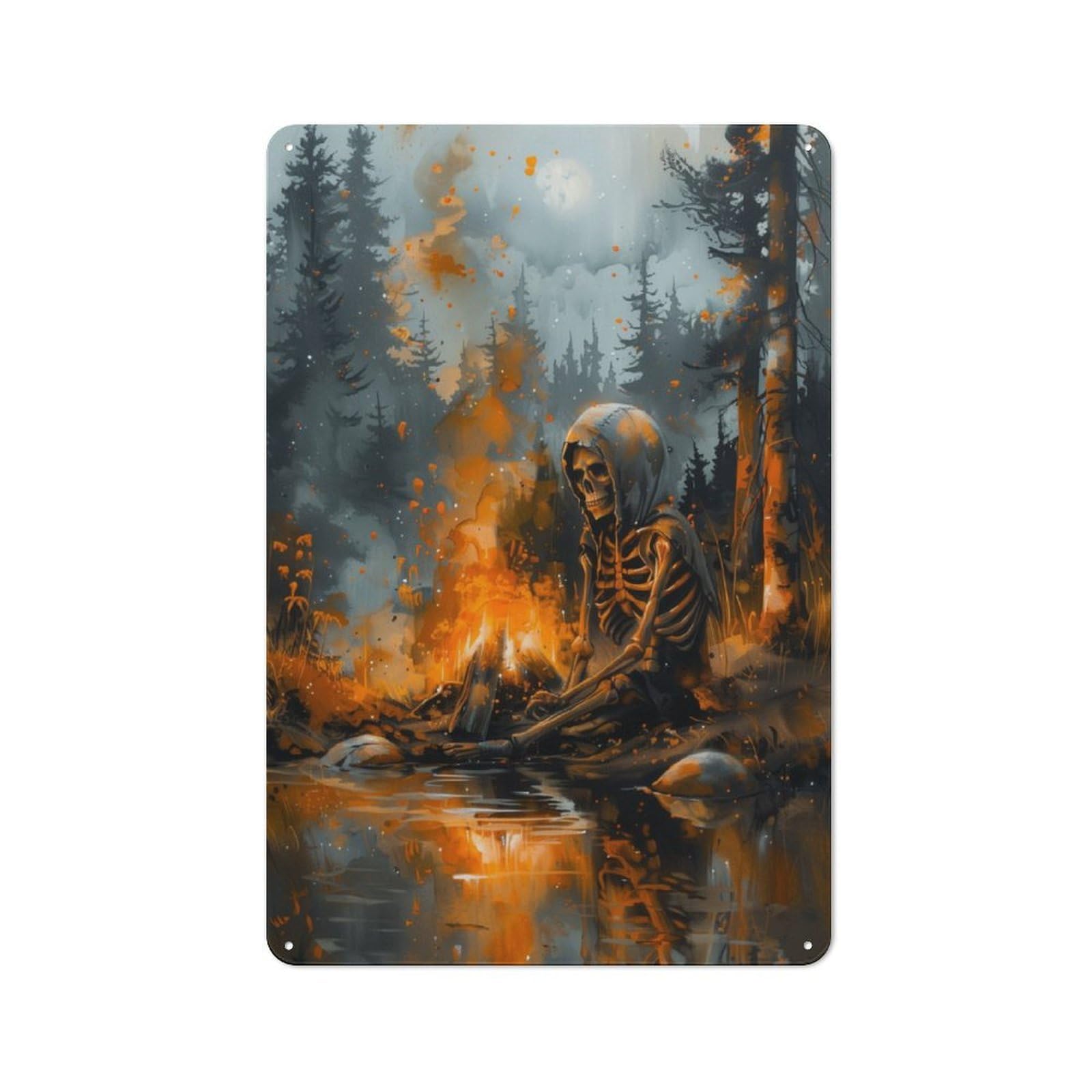 Junmoney Skeleton By The Fire Retro Printed Metal Sign 30X20cm For Garage Or Workshop, For Garage, Workshop And Man Cave Decoration