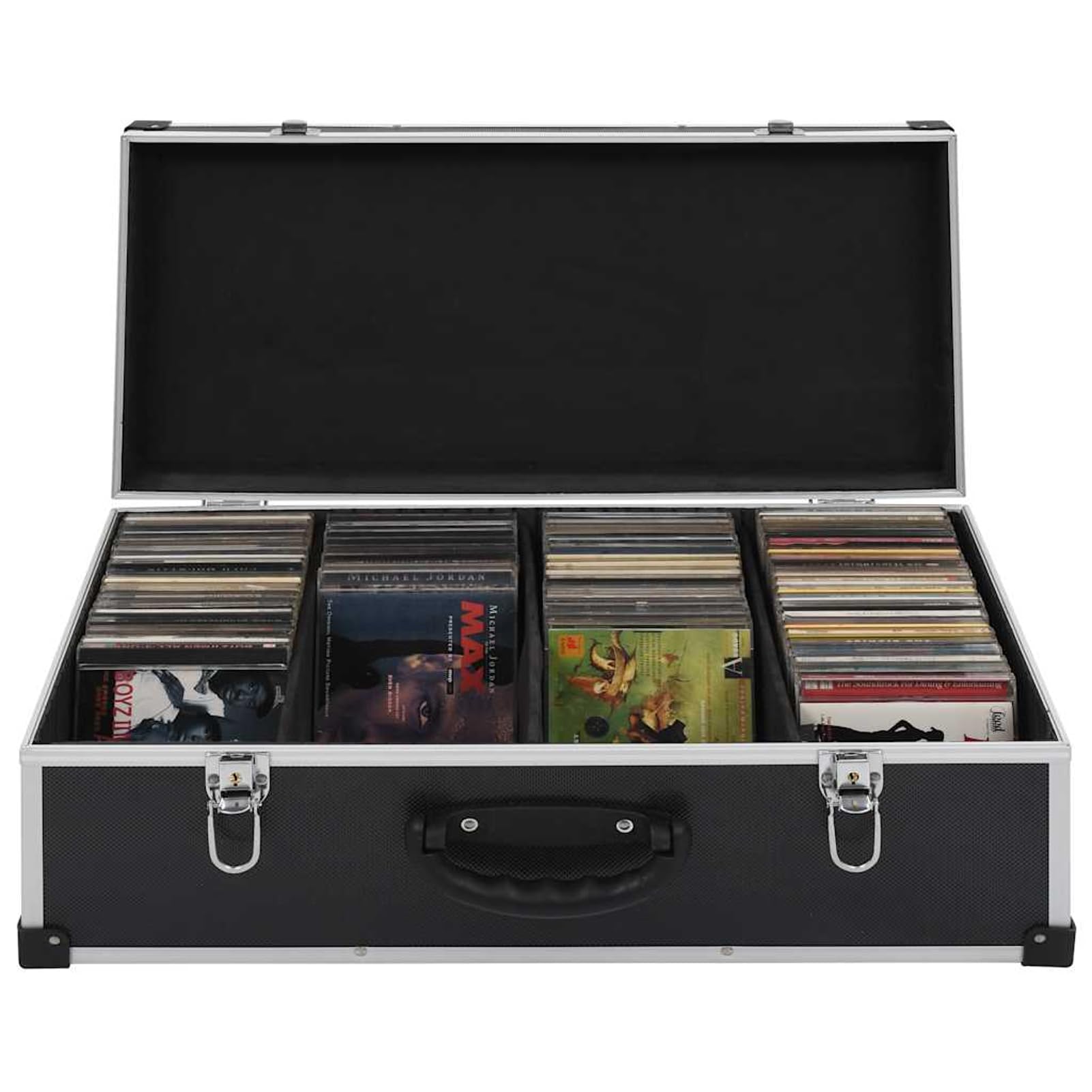 Robuster CD-Koffer mit Aluminiumbeschichtung, Holz-ABS-Material, Schwarz, 56,5 x 29,5 x 18,5 cm, abschließbar, für CD-Organisation und Schutz 91855
