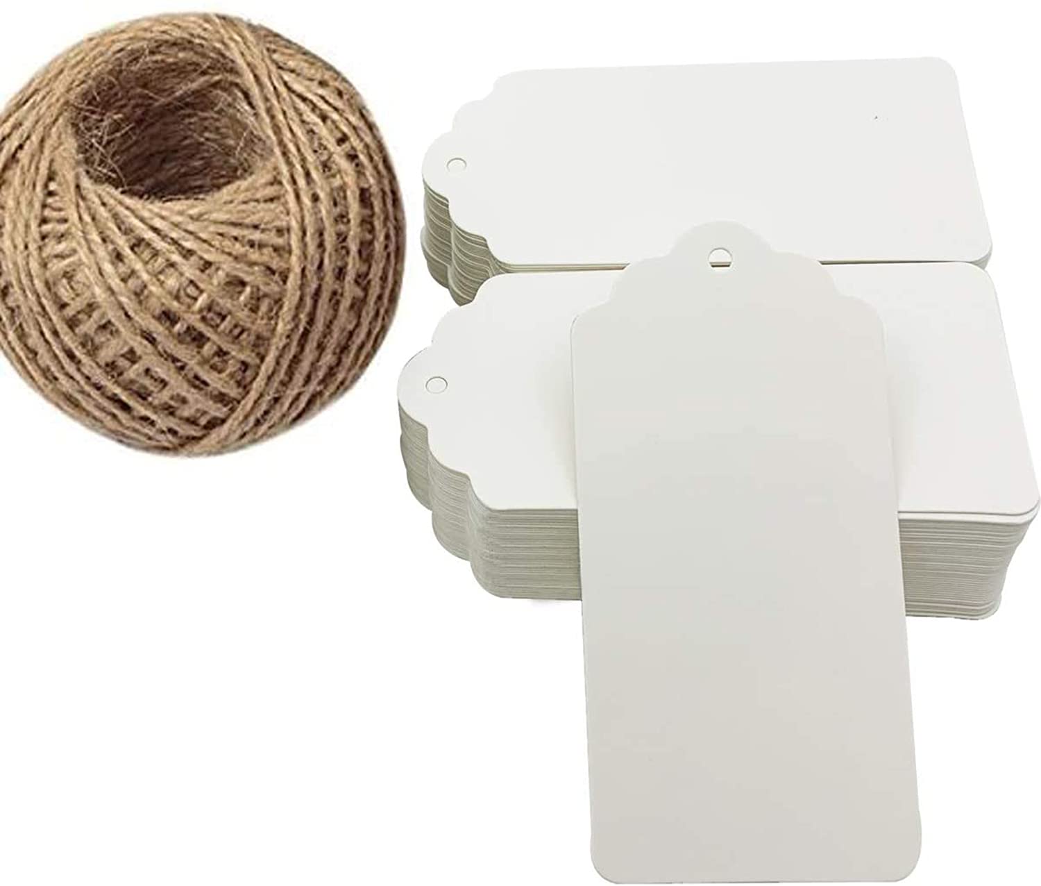 DELFINO White Kraft Paper Gift Tags, 100pcs Rectangle Craft Hang Tags, Blank Marking Tags with Natural Jute Twine, Arts and Crafts, Wedding and Holiday for Crafts Price Tags Labels