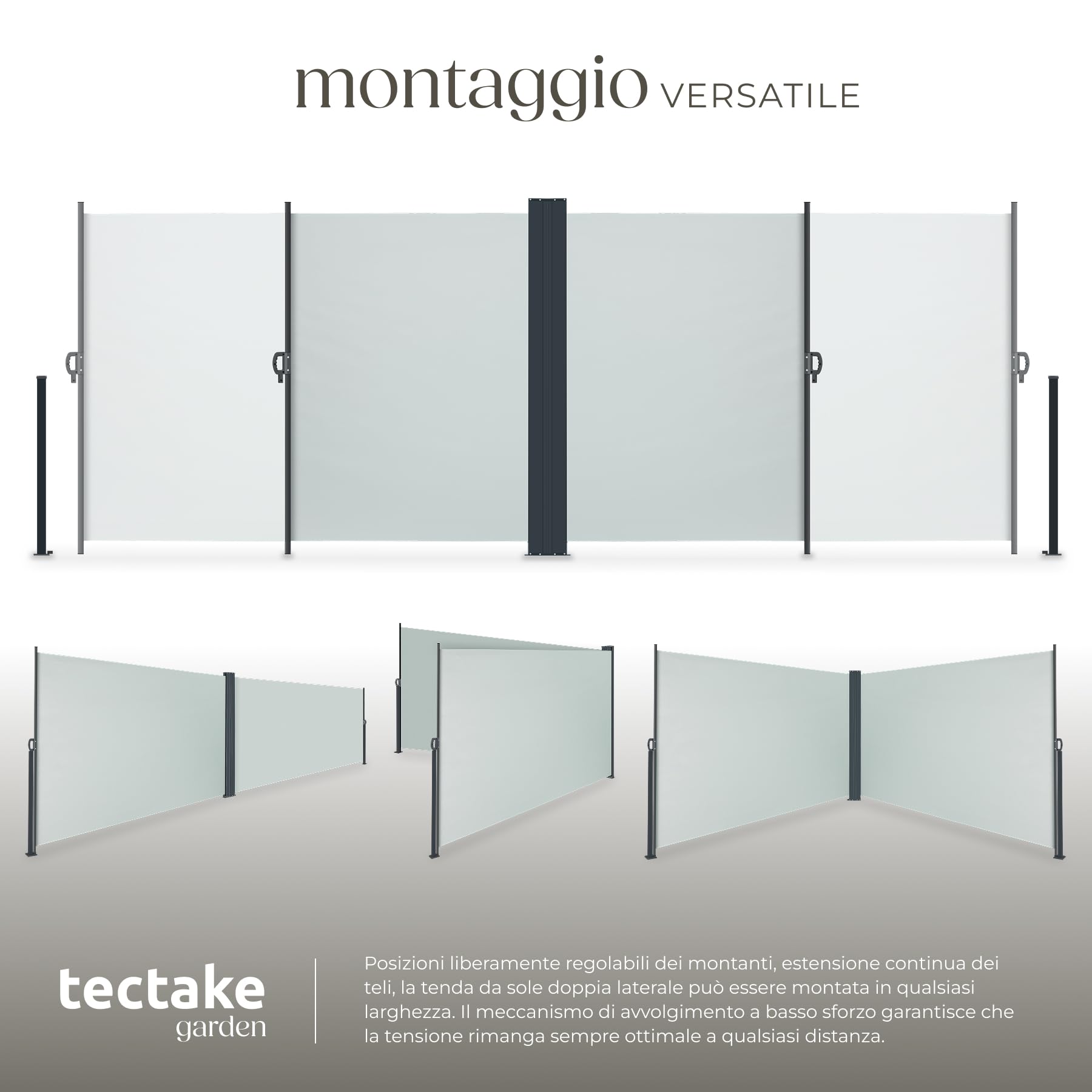 tectake® Tenda da Sole per Esterno Laterale Doppia Estensibile, 600 x 160 x 9 cm, Parasole Retrattile, Frangivista Giardino e Terrazzo Privacy, Avvolgimento Automatico, Struttura in Acciaio - Grigio