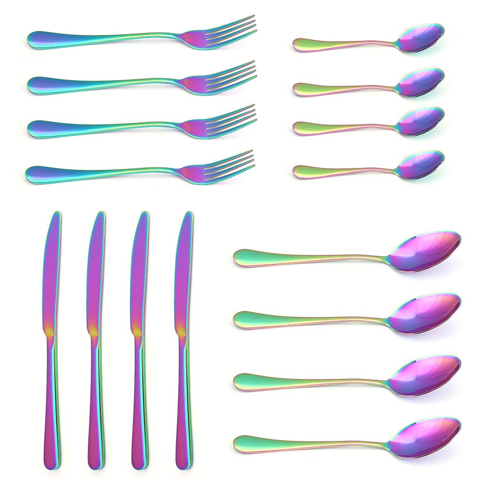 EVERGDCutlery Set Stainless Steel Tableware Set Colorful Romantic Dinner Dinnerware Set Rainbow Flatware Set Dishwasher Safe (16)