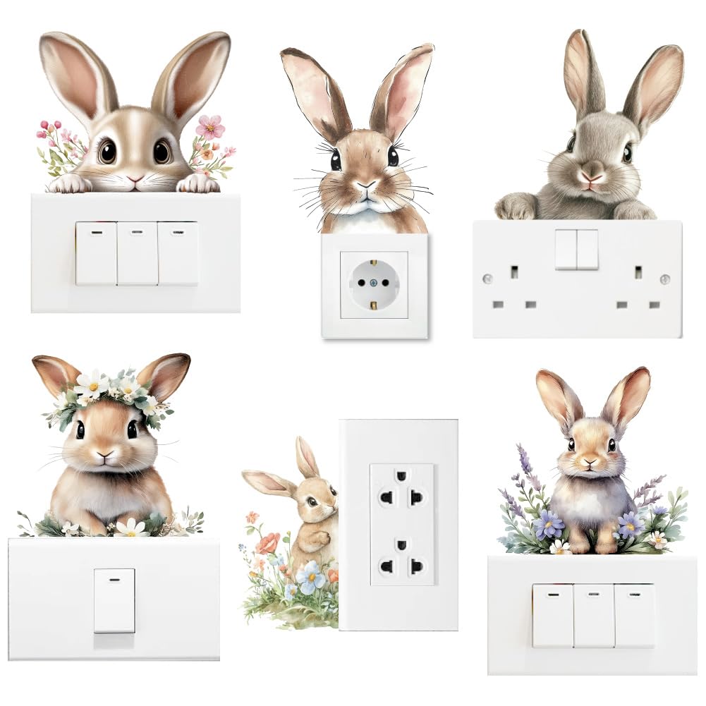 AHANDMAKER 6 x Süßer Lichtschalteraufkleber Mit Kaninchenmotiv. Osterhase Blumen Wandaufkleber Lichtschalter Aufkleber Für Ostern Kinderzimmer Büro Zuhause Familie DIY Dekor Kinderzimmer