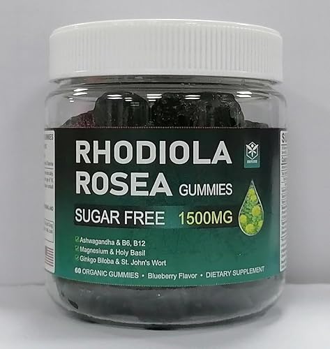 Gomitas de suplemento de albahaca sagrada de Rhodiola Rosea St Johns Wort Ashwagandha Ginkgo Biloba de 1500 mg, con magnesio, B6, B12, C para el
