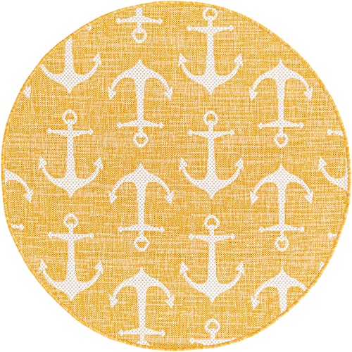 Unique Loom Outdoor Coastal Collection Area Rug - Ahoy (4' 1" Round, Yellow)
