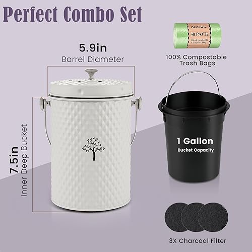 Miniatura 2 de AOSION Contenedor de compostaje para encimera, contenedor de compostaje interior inodoro con tapa y bolsas de compost, contenedor de compostaje para