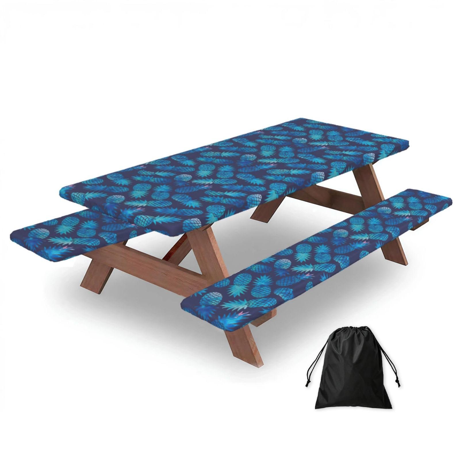 Yqxwjl Black Blue Pineapple Print Camping Essentials Waterproof Camping Table And Bench Cover With Drawstring Bag 183 Cm