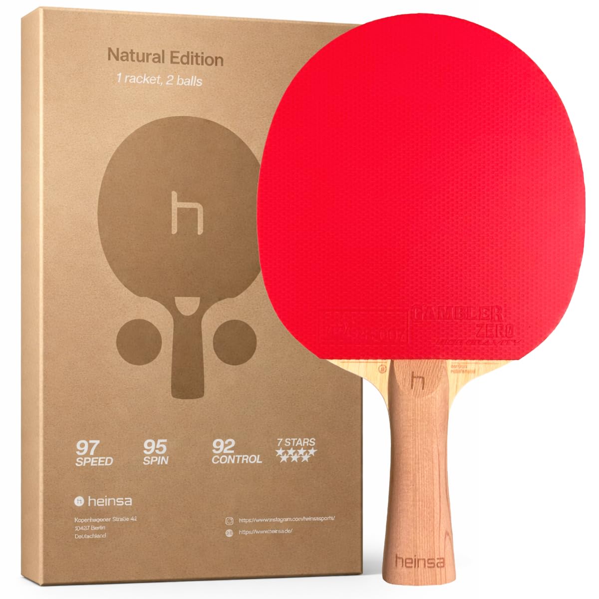 Natural Edition Carbon Tischtennisschläger Profi – ITTF-zugelassen, 2,1 mm Zero Gravity Belag, Naturholz-Optik, 2 Carbon-Schichten, konkaver Griff für Spin, Speed & Kontrolle, inkl. 2 Bälle