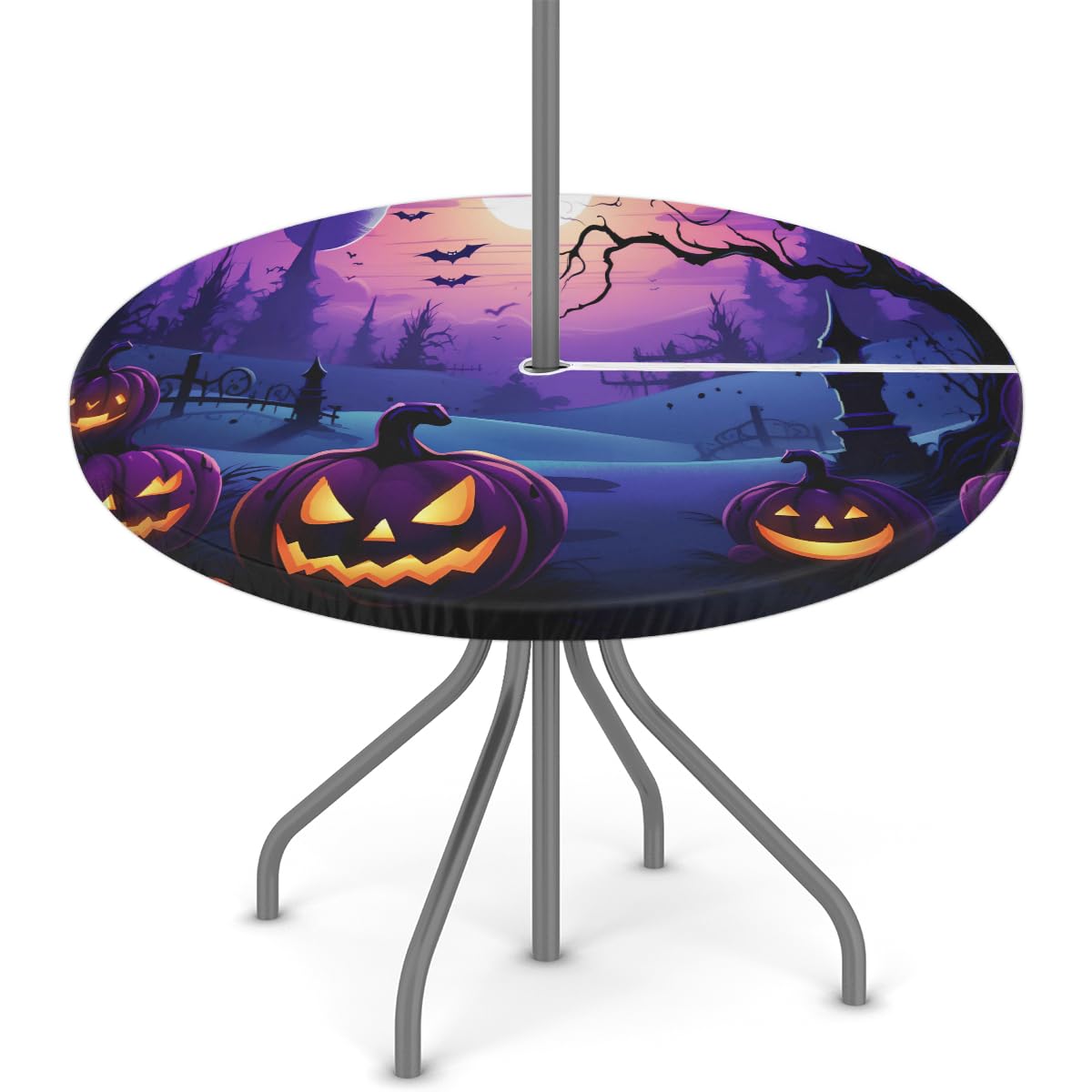 cfpolar Halloween Pumpkins Bat Tree Outdoor Round Fitted Tablecloth with Elastic Edge, Waterproof Table Cover with Umbrella Hole Table Cloth, for Party Family Dining Fits 45-56 in Diameter Table
