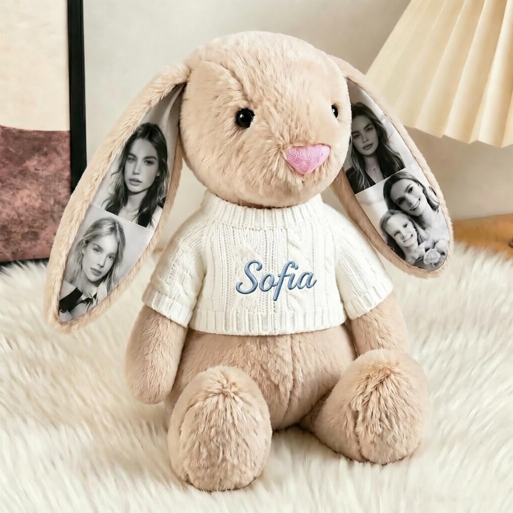 Personalised Photo Bunny Teddy Bear, Custom Keepsake Picture Memory Handmade Fluffy Rabbit Teddy Bear Stuffed Animal Girl Gift for Birthdays & Special Occasions Decorations — image 1