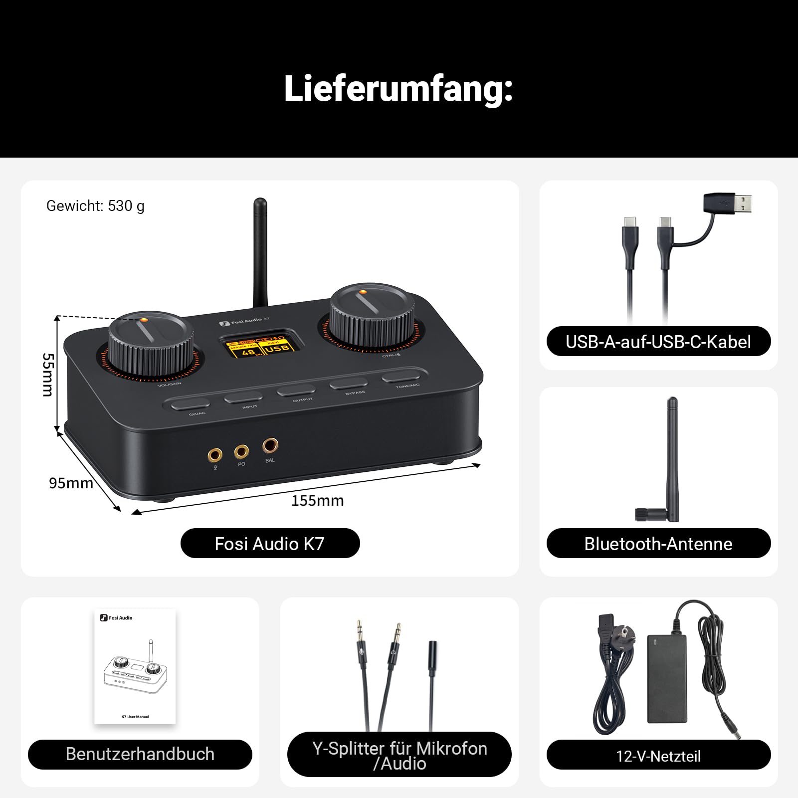 Fosi Audio K7 DAC Kopfhörerverstärker, USB-C-Digital-Analog-Audio-Konverter für Gaming-PC PS5, optischer/koaxialer/Bluetooth aptX HD LL-/Mikrofoneingang, 3,5 mm/4,4 mm symmetrischer/RCA-Ausgang