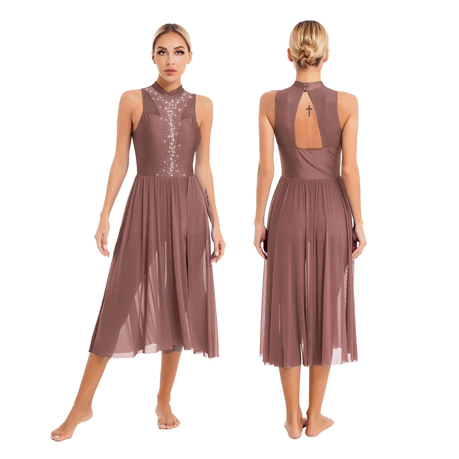 Sppeoukj Women's Brown Lyrical Dance Costumes Contemporary Lyrical Dance Dress Sleeveless Sparkly Rhinestone Split Leotard Dresses Ballet Ballroom Performance Costume For Dance(,M)