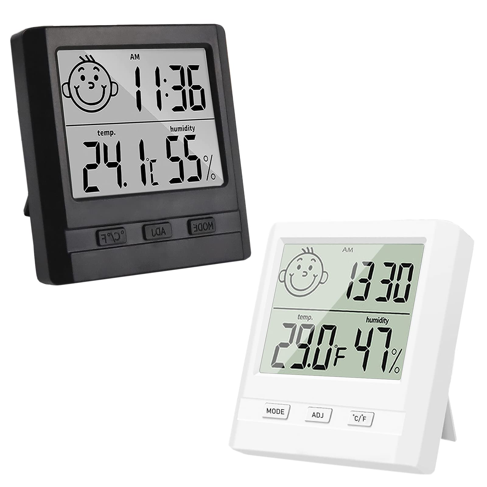 Hygromètre Numérique avec Horloge Lot de 2 - Thermomètre Intérieur Blanc et Noir