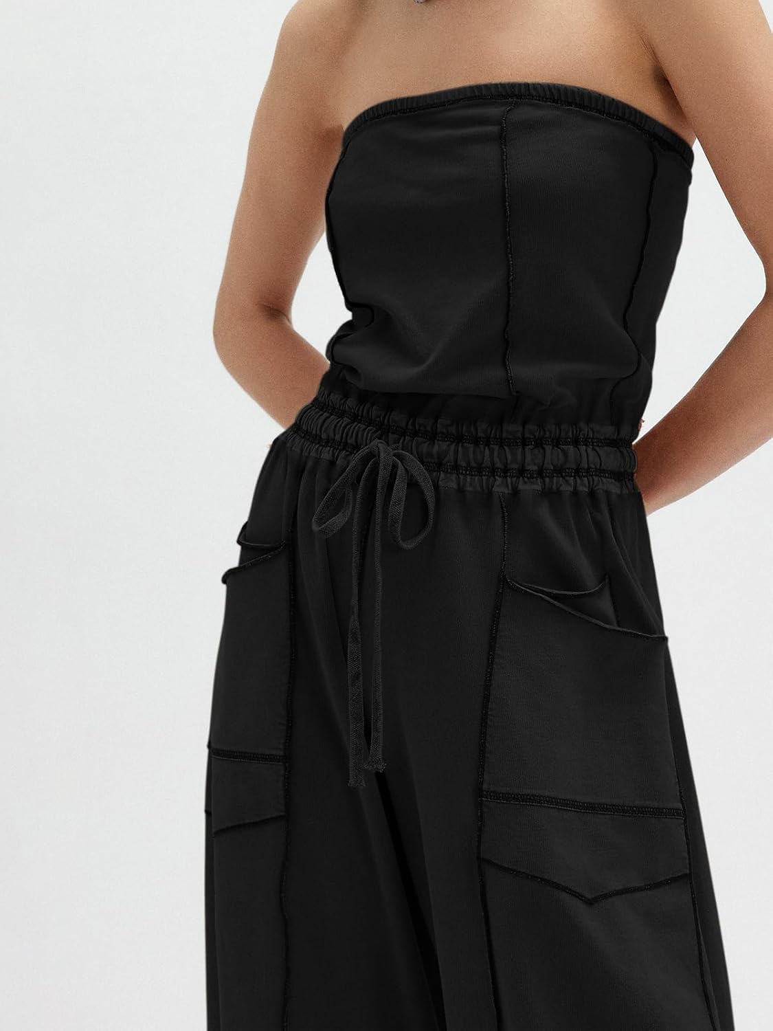 Sexyasasii Jumpsuits for Women Casual Strapless Jumpsuit Long Barrel Pants One Piece Outfits Drawstring Romper with Pockets - Image 4