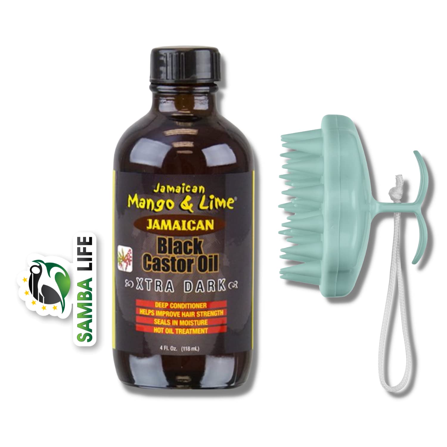 Samba Life Jamaican Mango & Lime Black Castor Oil Xtra Dark 4 oz Bundle with Scalp Massage Soft-Tipped Bristle Handheld Brush