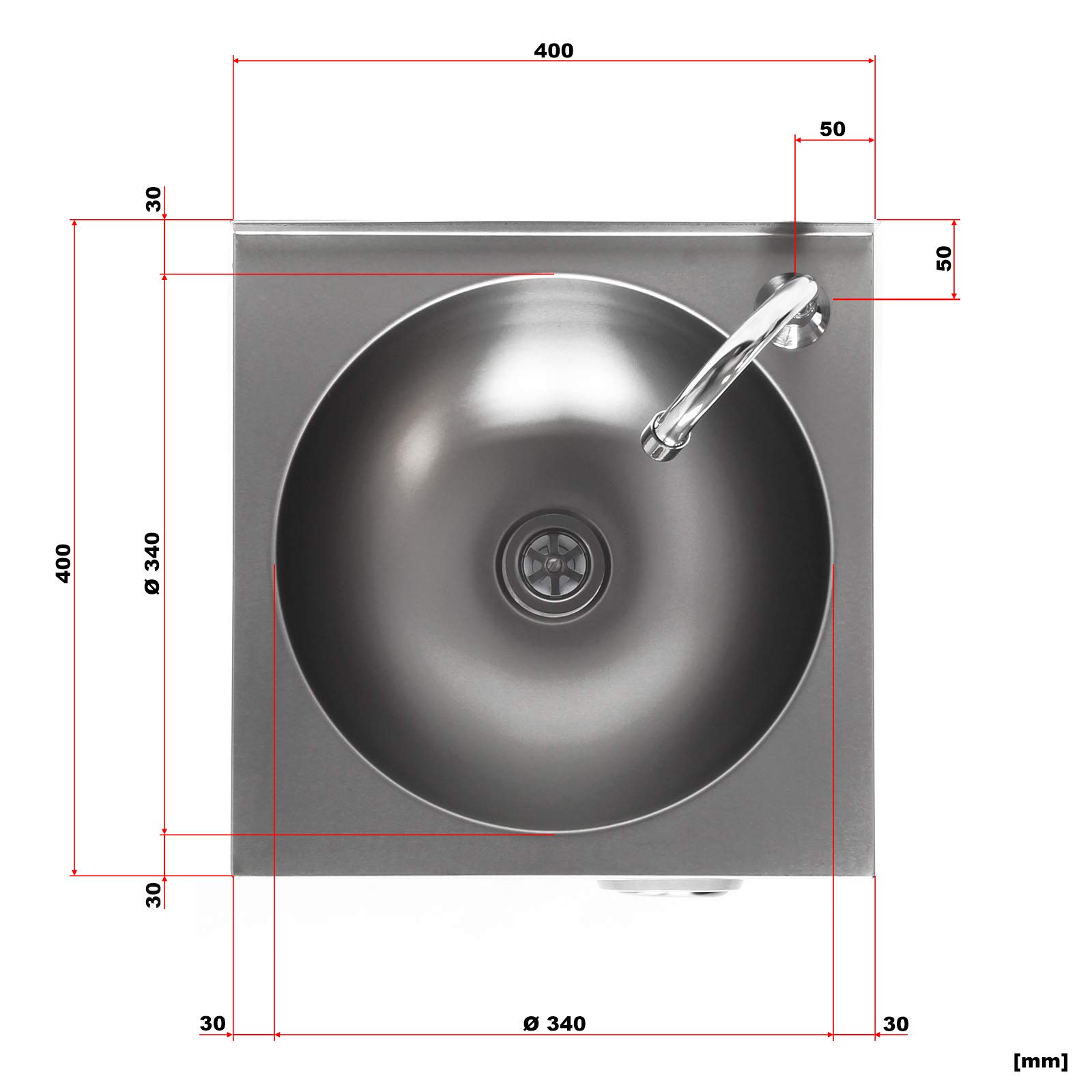 XPOtool Lavello professionale acciaio inox vaschetta rotonda comando a ginocchio montaggio a parete