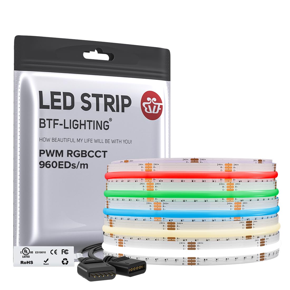 BTF-LIGHTING Fcob Cob Led Strip Rgbcct Mudança de Cor Flexível Luz de Alta Densidade Rgb