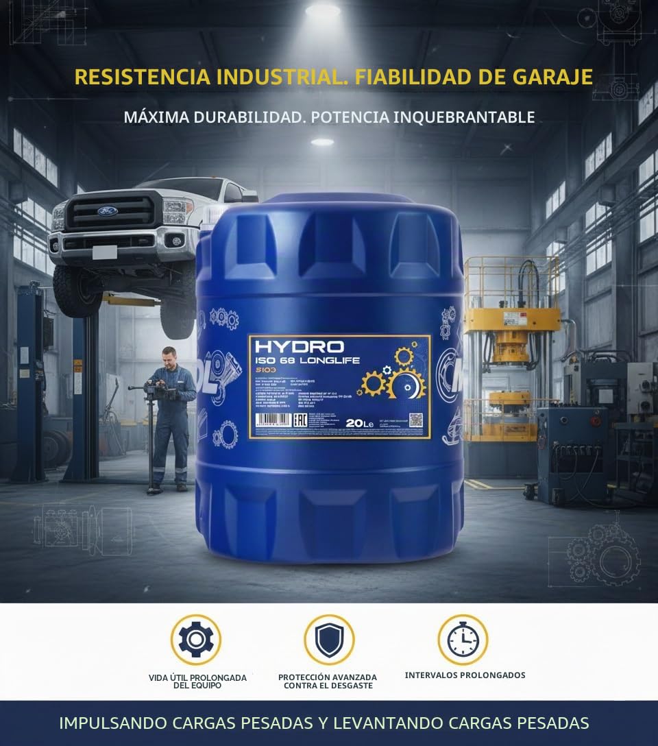 MANNOL | Aceite Hidráulico Mineral HYDRO ISO 68 | 2103-20L | Alta Resistencia a Cargas, Presión y Temperatura | Compatible con Equipos Industriales y Móviles | Certificado DIN 51524-2 e ISO 11158