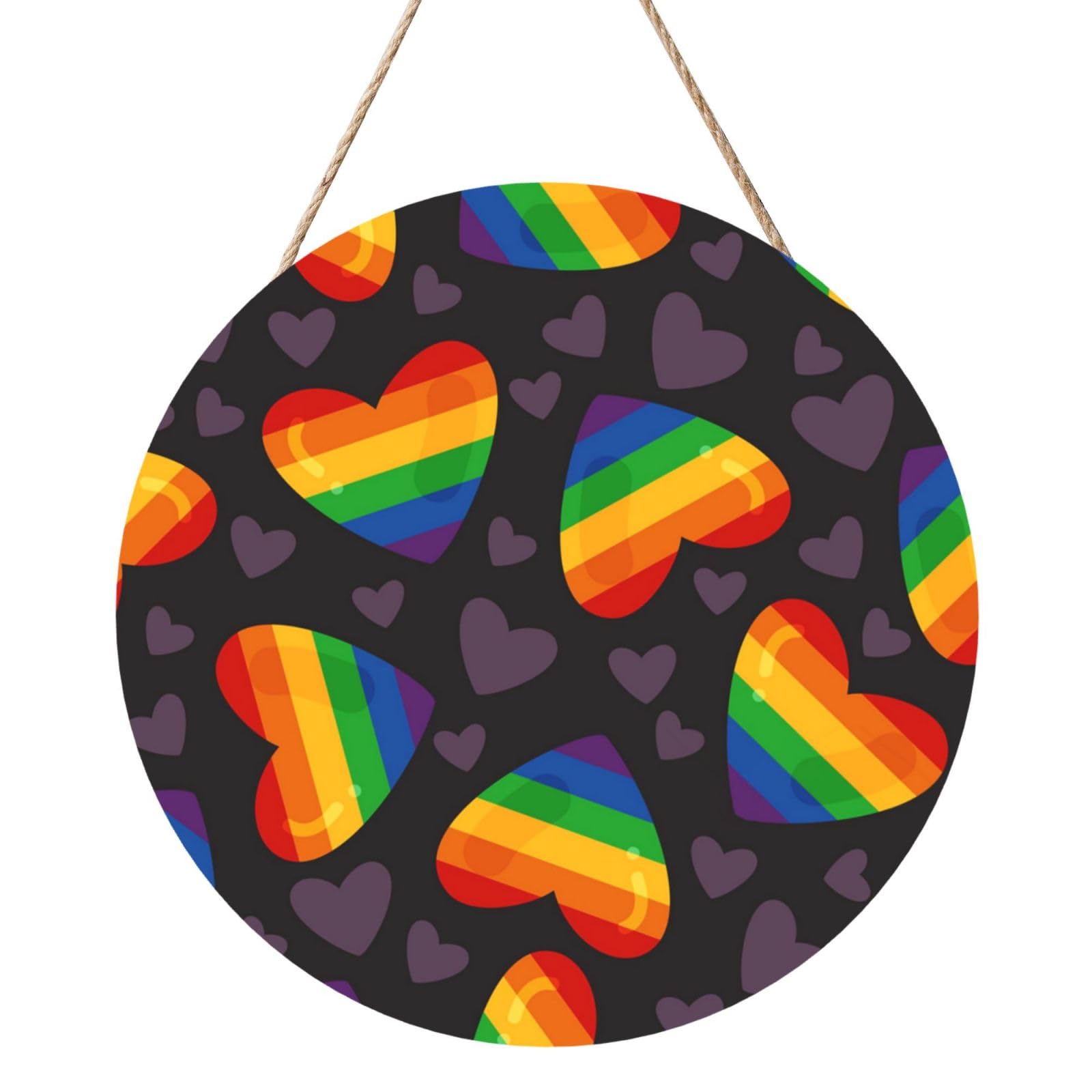 InOmak Lgbt Pride Gay Rainbow Heart, Round Wood Panel Painting 12 in, Wall Hanging Painting For Home