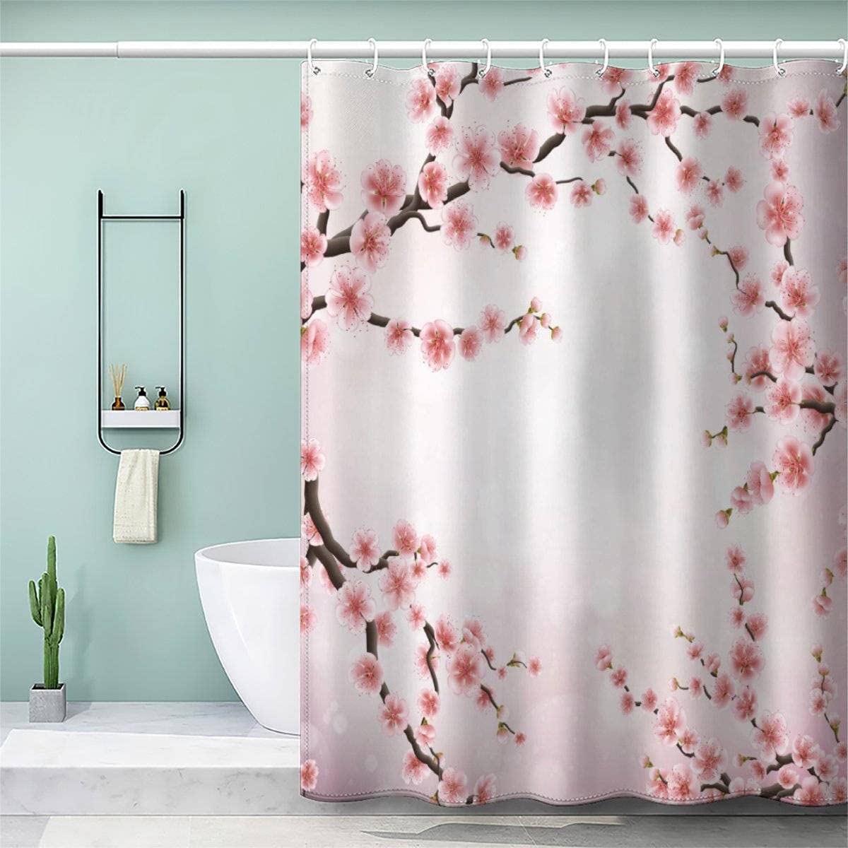 VASENA Flower Floral Branch Shower Curtain Mould Proof Resistant Waterproof Polyester 3D Printed Japanese Pink Bath Curtains for Shower with 12 Hooks Art Deco 180x200 cm