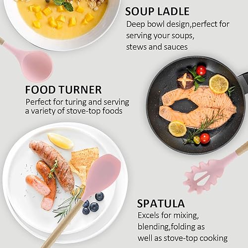 Miniatura 5 de Vivicreate Juego de utensilios de cocina de silicona, soporte de mango de madera, resistente al calor, 446 F, no tóxico, esenciales de cocina para