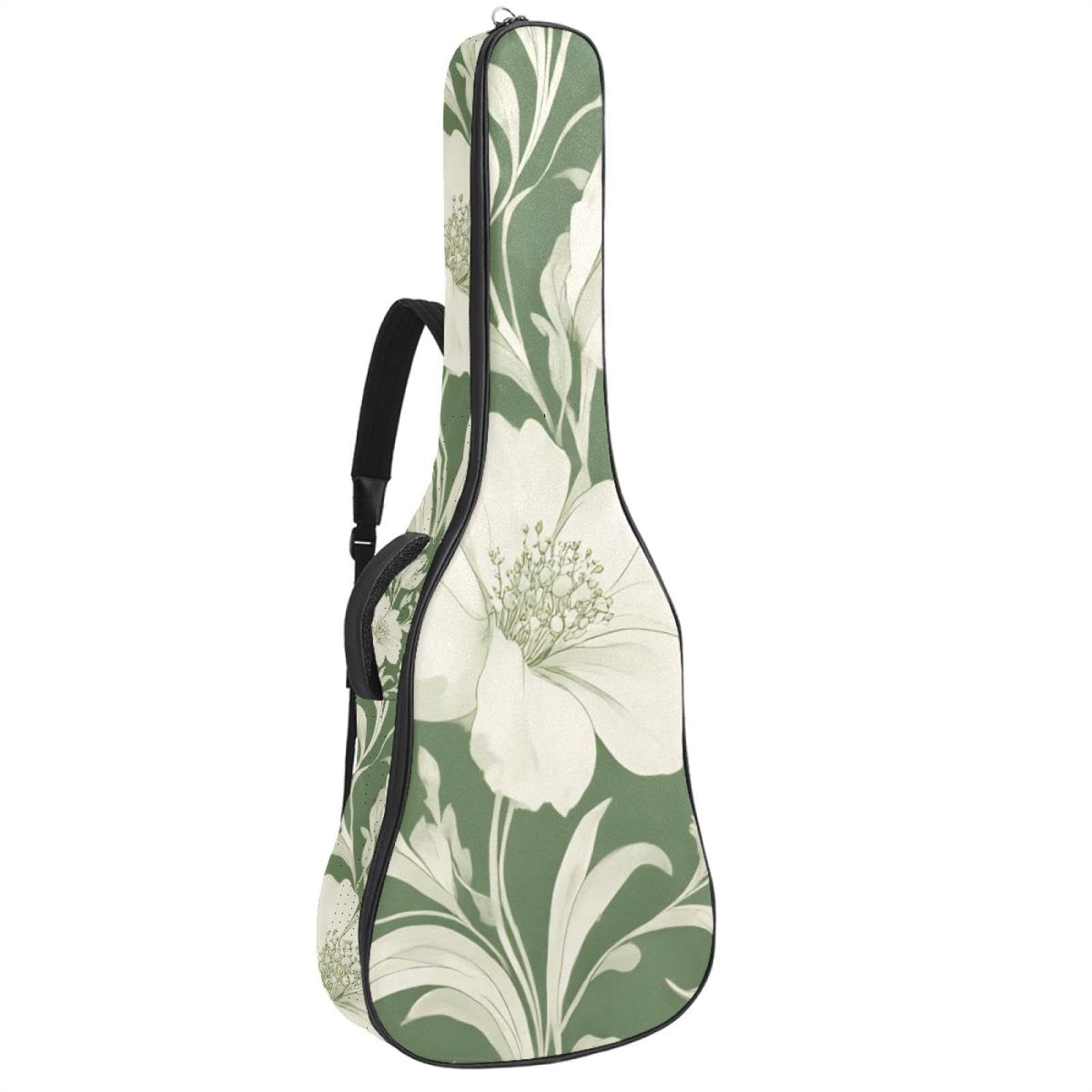 Elegant Sage Green Floral with Flowing Leaves Acoustic Guitar Gig Bag, 1 cm Thick Padding Waterproof Guitar Case Backpack with Dual Adjustable Shoulder Strap for 40-42 Inch Guitar