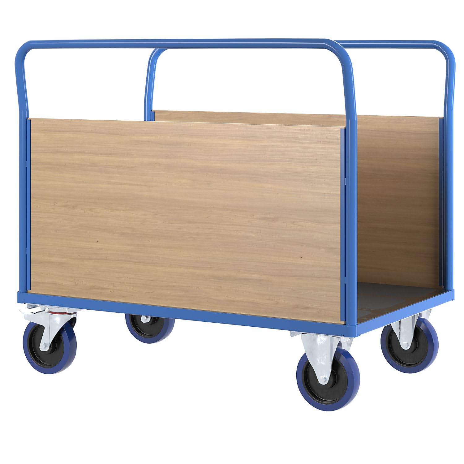 eurokraft pro | Plattformwagen mit Holzwänden | Mit 2 hohen Längswänden, LxB 1250 x 870 mm, Vollelastik