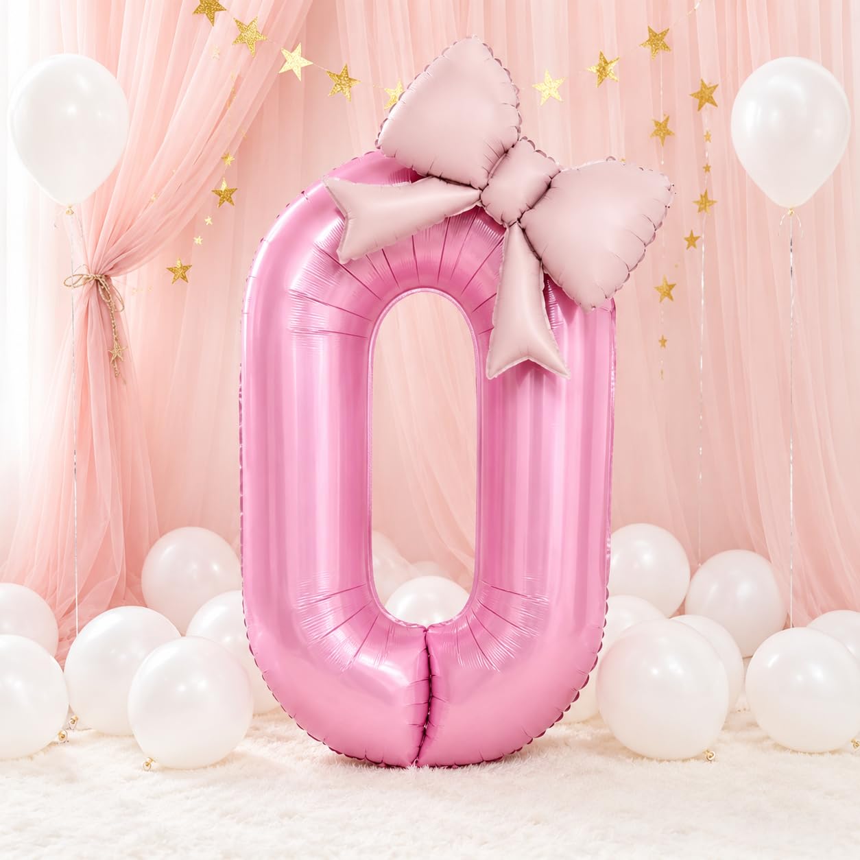 Number 0 Balloon, 40 Inch Foil Number Balloon with 21 Inch Pink Bow Balloon and Glue Dots, Giant Number Party Balloons for Celebration, Girl's Birthday Decorations