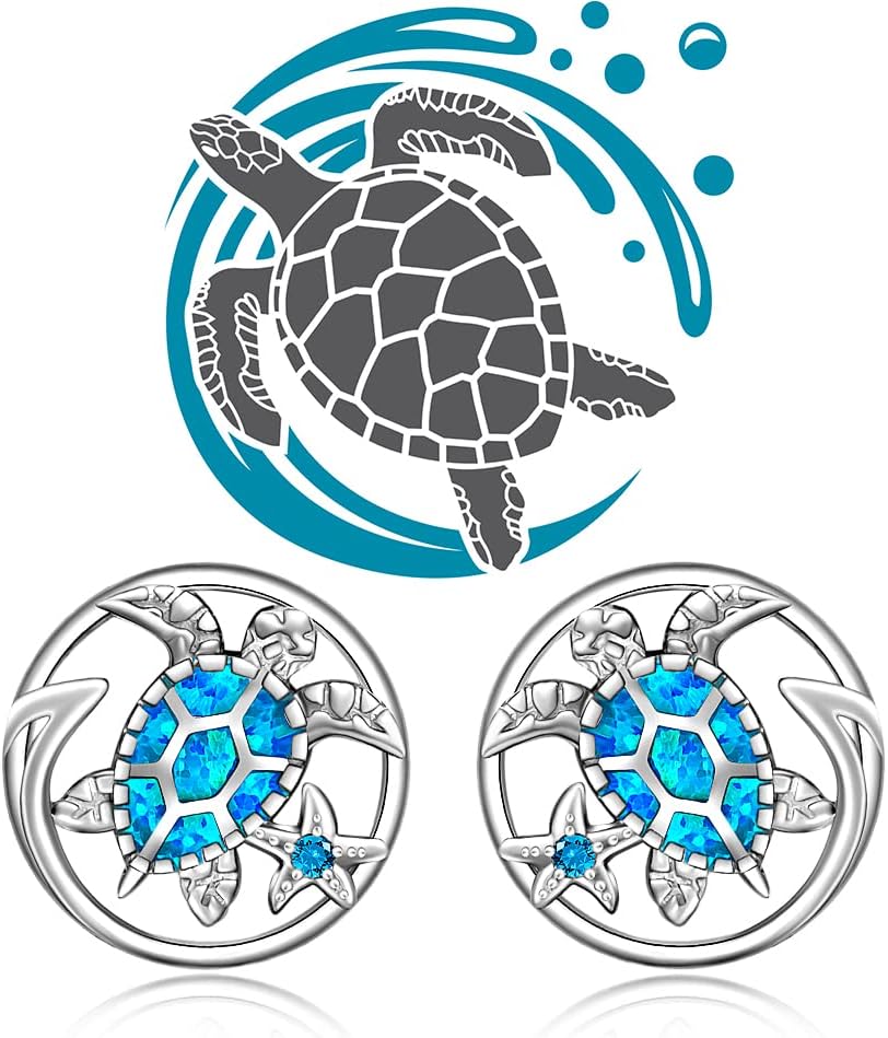 Turtle Earrings for Women Sterling Silver Hawaii Blue Opal Sea Turtle Wave Earrings Starfish Stud Animal lover Jewelry Gifts